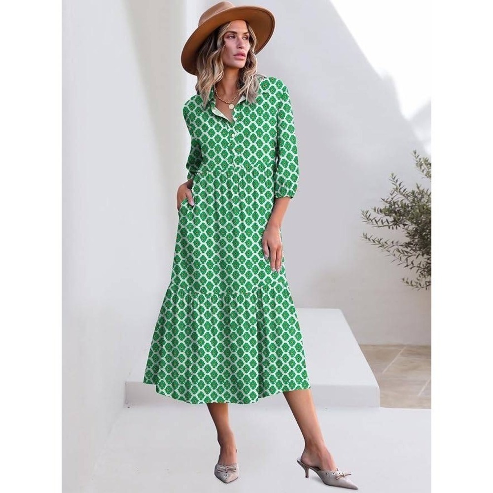 Anrabess Green Floral Puff Sleeve Maxi Shirt Dress XL Cottagecore Summer Resort